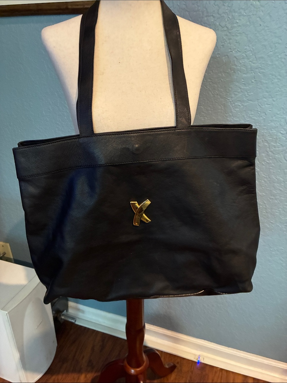 Paloma Picasso Black Leather Tote with Gold 'X' Accent